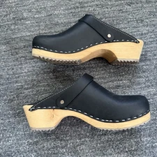 MIA Swedish Clogs Women 37 6.5 Slip On Leather Black Wooden Earthy Comfort