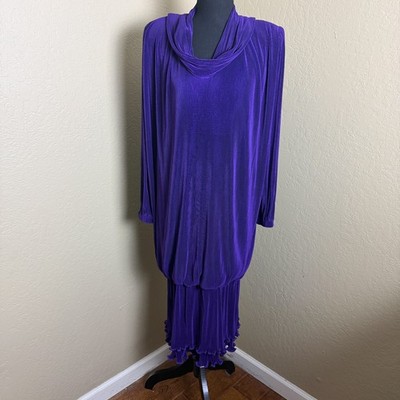 Virginie Paris Purple Pleated Long Sleeve Cowl Neck Dress Made France