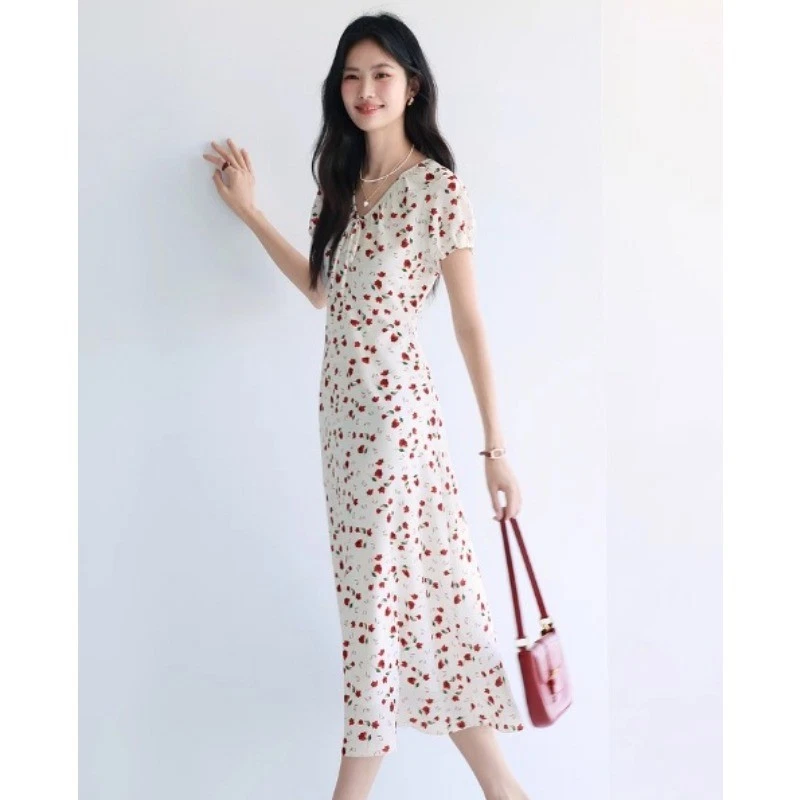 OFF WHITE Abito donna scollo V floreale manica corta estivo nuovo spiaggia slim fit gonna vacanza