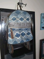 MYRA Blue Breeze Upcycled Canvas  Cowhide Leather Backpack EUC