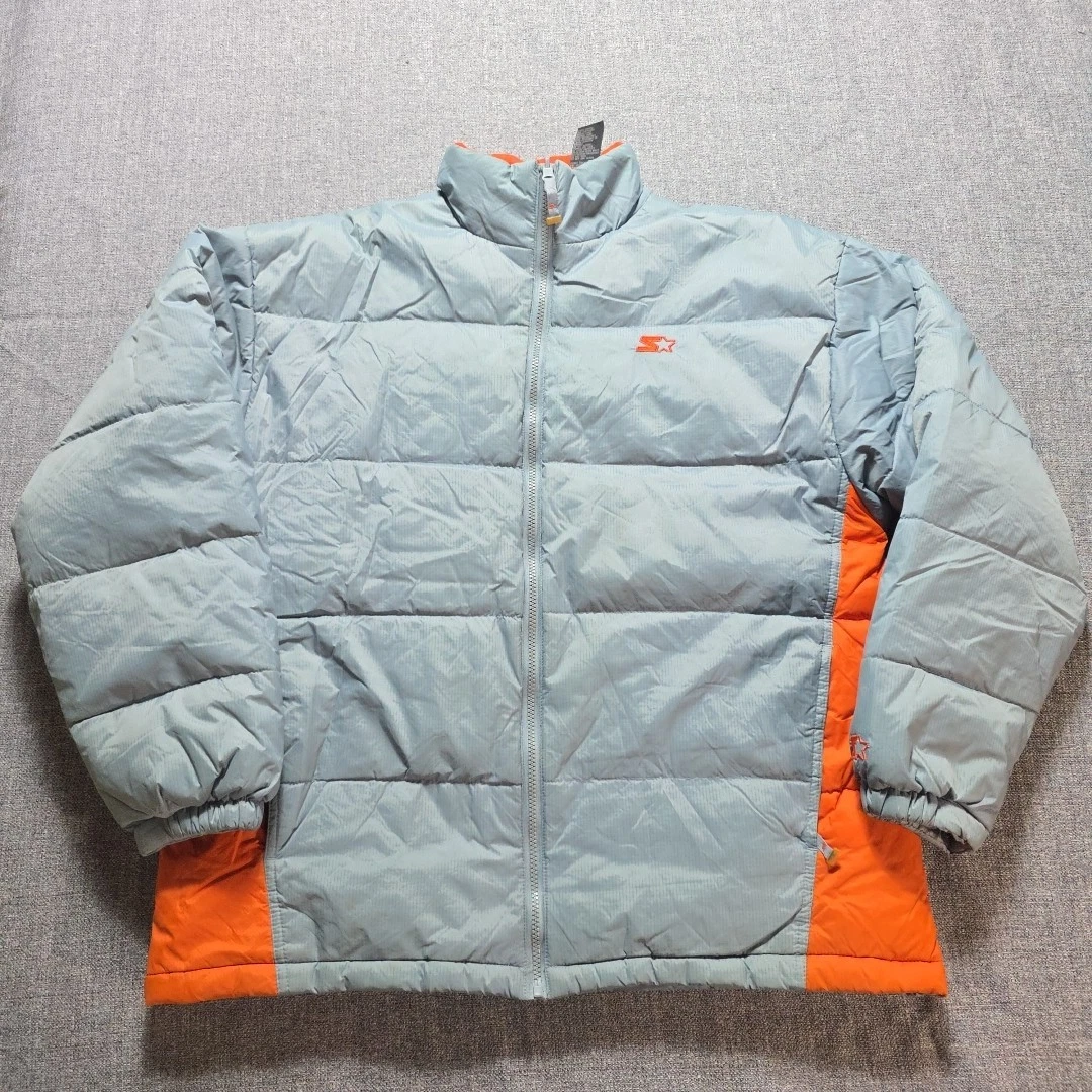 Starter Mens Large 42 44 Gray Orange Pockets Zip Up Down Feather Puffer Jacket