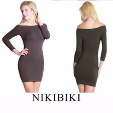 New Charcoal Gray Stretchy and Slimming Seamless Off Shoulder Dress by Nikibiki