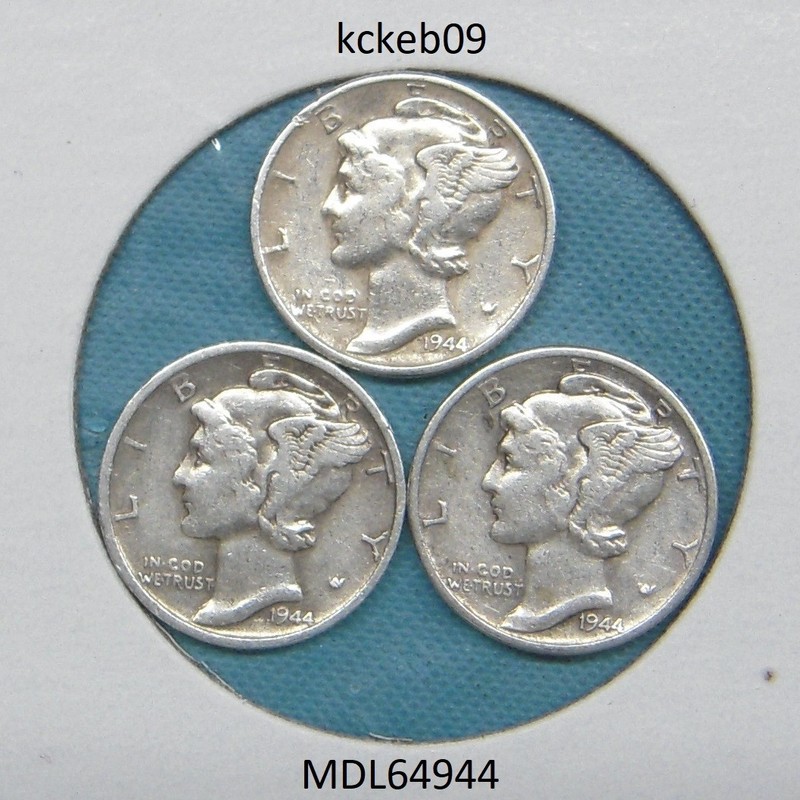 Mercury dime lot of 3, 1944-D, 1944-P, 1944-S.  90% silver coins