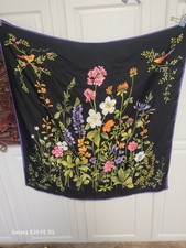 Talbots Black Colorful Meadow Flowers Floral Birds 100 Silk Square Scarf 36"