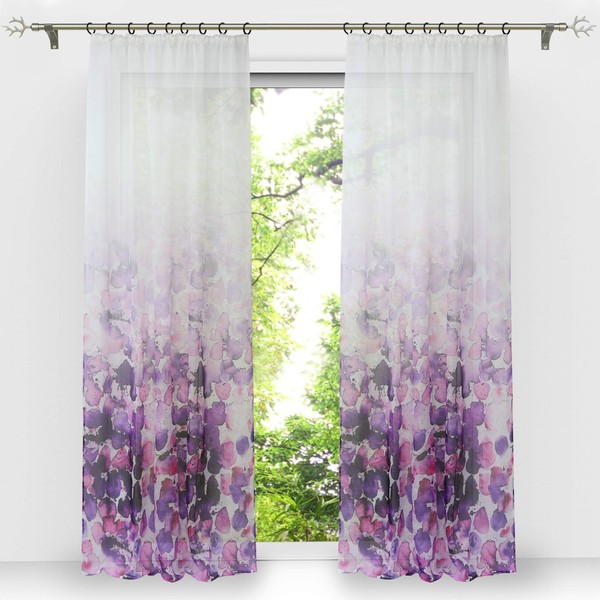 Voile Gardine Vorhang Blumenmuster Lila Transparent 245X140 Cm 1 StüCk-image