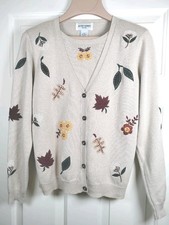 Alfred Dunner Petite Cardigan Sweater PS Tan Fall Leaf Floral Embroidered Vtg