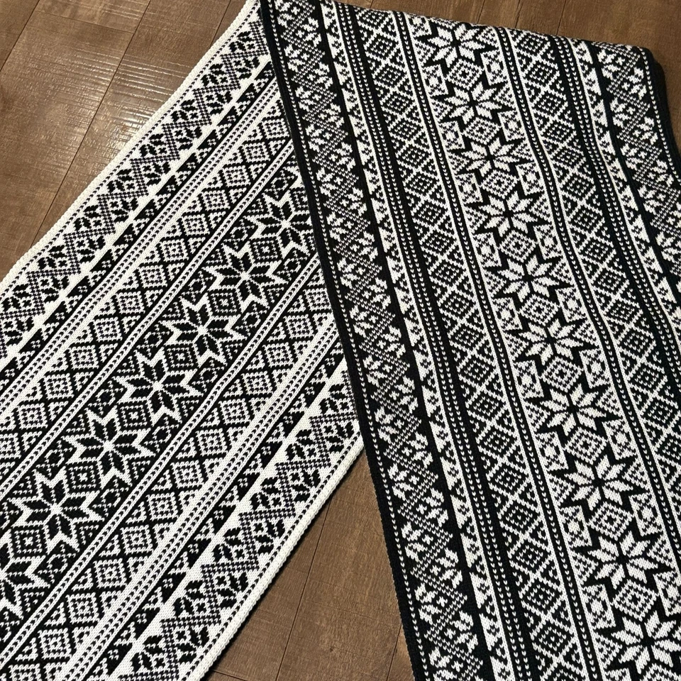 Nordic Black & White Knitted Table Runner 76" Snowflake Geometric Pattern - Image 2 of 4