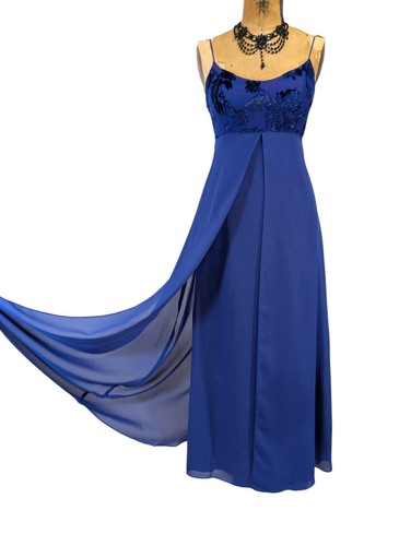 Vtg 90s Prom Dress XS/S Blue Cowl Scoop Drape Bias Cut Maxi Chiffon Simple - Picture 3 of 15