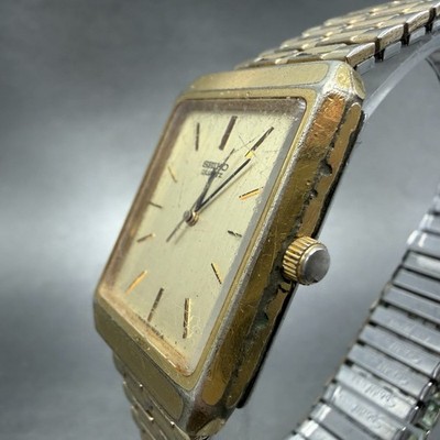 Seiko Tank Watch Men 28mm Champagne Dial Gold Tone Rectangle 7810