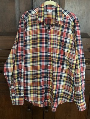 Steven Plaid Check Reverse Seam Cotton Button Down Shirt Red Blue Yellow USA Med