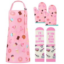4 PCS Baking Gift Set Cooking Apron Oven Mitts Socks Funny Baker Chef Gifts