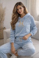 Women’s Blue Velour Tracksuit Set Monaco Hoodie Joggers XL Soft Lounge