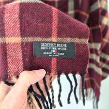 Geoffrey Beene 100 Wool Plaid 12  X 56  Scarf Italy Burgundy Tan Grey