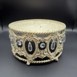 Shabby Chic Ivory Distressed Cake Stand w/ Crystal Drops French Style