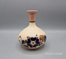 Vintage Tonala Mexico Sandstone Small Bud Vase 6" Tall Folk Art Blue Flowers