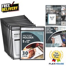 Clear 9x12 Job Ticket Holders - 30 Pack Heavy-Duty Vinyl with Dry-Erase Surface