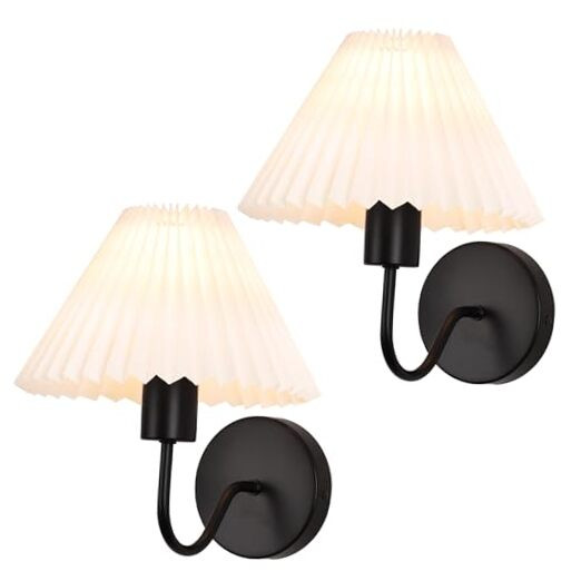 Black Wall Sconce Set of 2 with White Pleated Fabric Shade and Gooseneck for Indoor Lighting