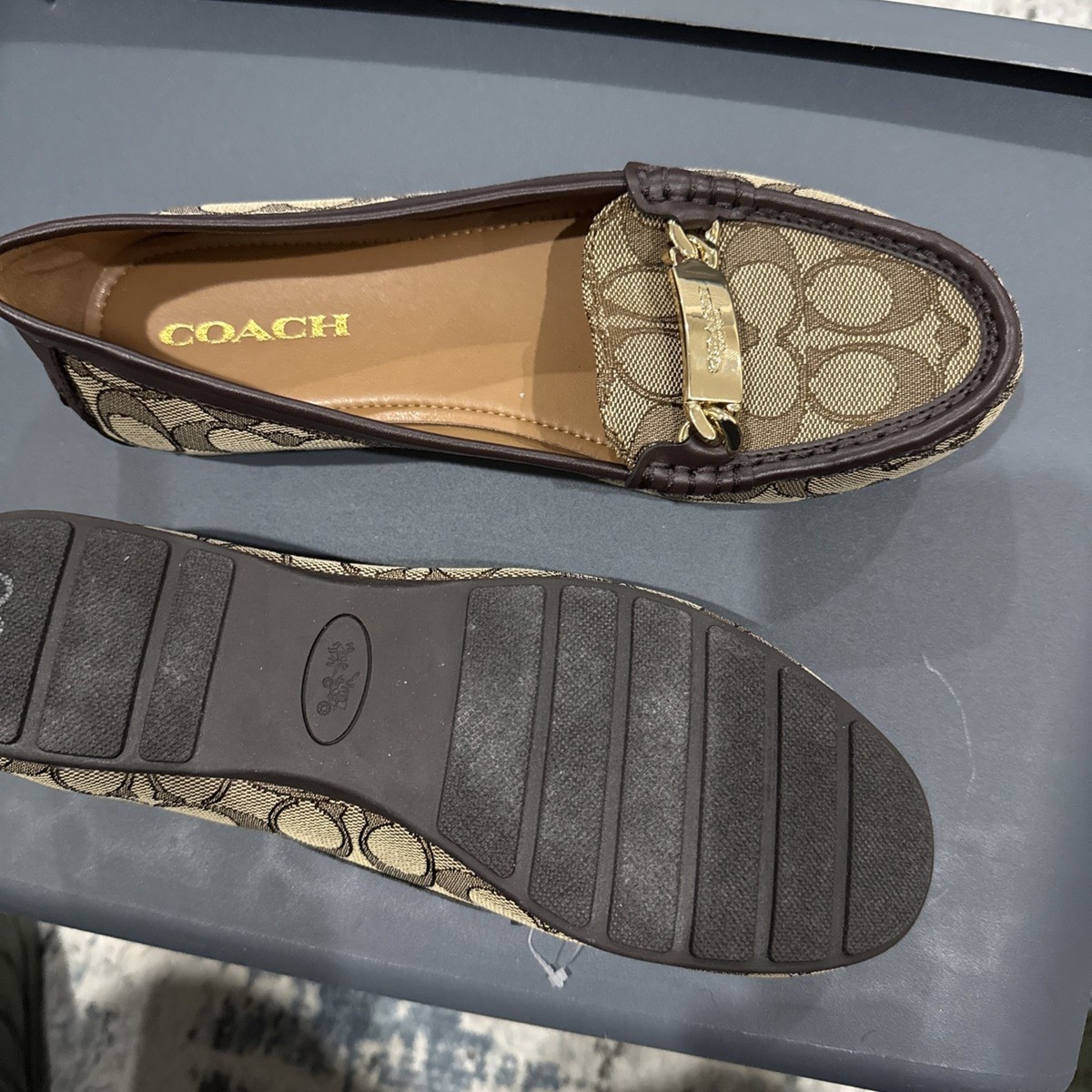 New Coach Signature Logo Jacquard Loafer Flats Brown Women's Slip