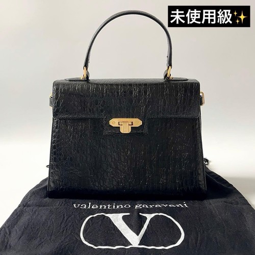 Valentino Garavani Hand Bag Tote Purse Logo Leather Black Authentic