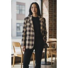 Sag Harbor Vintage Plaid Blazer Tan Black Red Linen Blend Jacket Size 12 3760