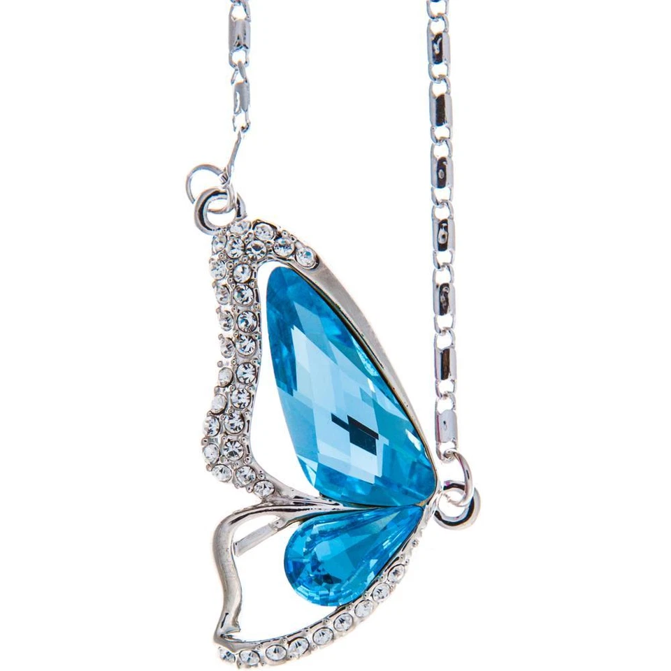 16" Rhodium Plated Necklace w/ Butterfly Wing & Ocean Blue Crystals by Matashi - Image 2 of 4