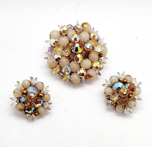 Juego de Pendientes Broche Clip Perlas Imitación Cristales Aurora Borelis Elegante De Colección - Imagen 1 de 5