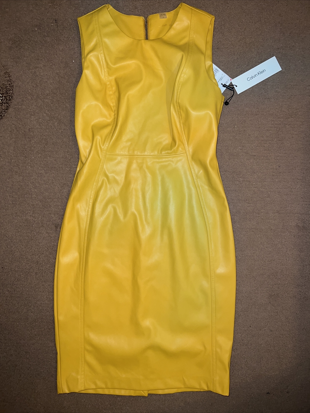 CALVIN KLEIN NWT Vegan Faux Leather Lined Sheath Dress Bodycon Mustard