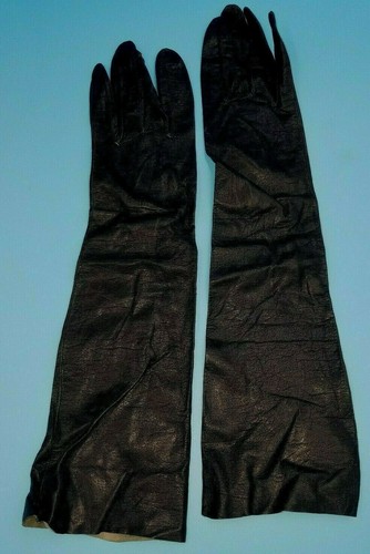 Vintage HANDSCHUHE Größe 6 1/2 14" Länge schwarz Leder ungefüttert Fourchettes ungetragen