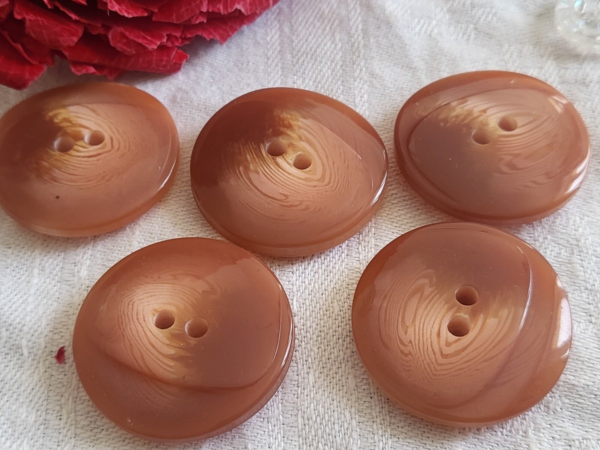 Lot De 5 Gros Boutons Vintage Marron Effet Corne - Pied Cerclé Doré 27 Mm