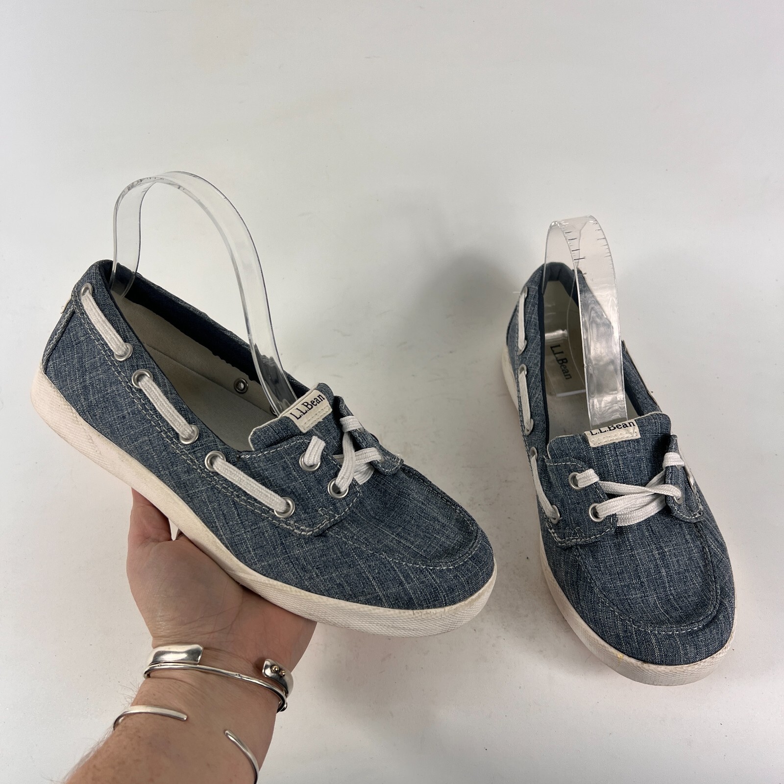 SAOLA Llbean scarpe barca donna taglia 8 5 W grigio blu tela erica suola bianca slip on