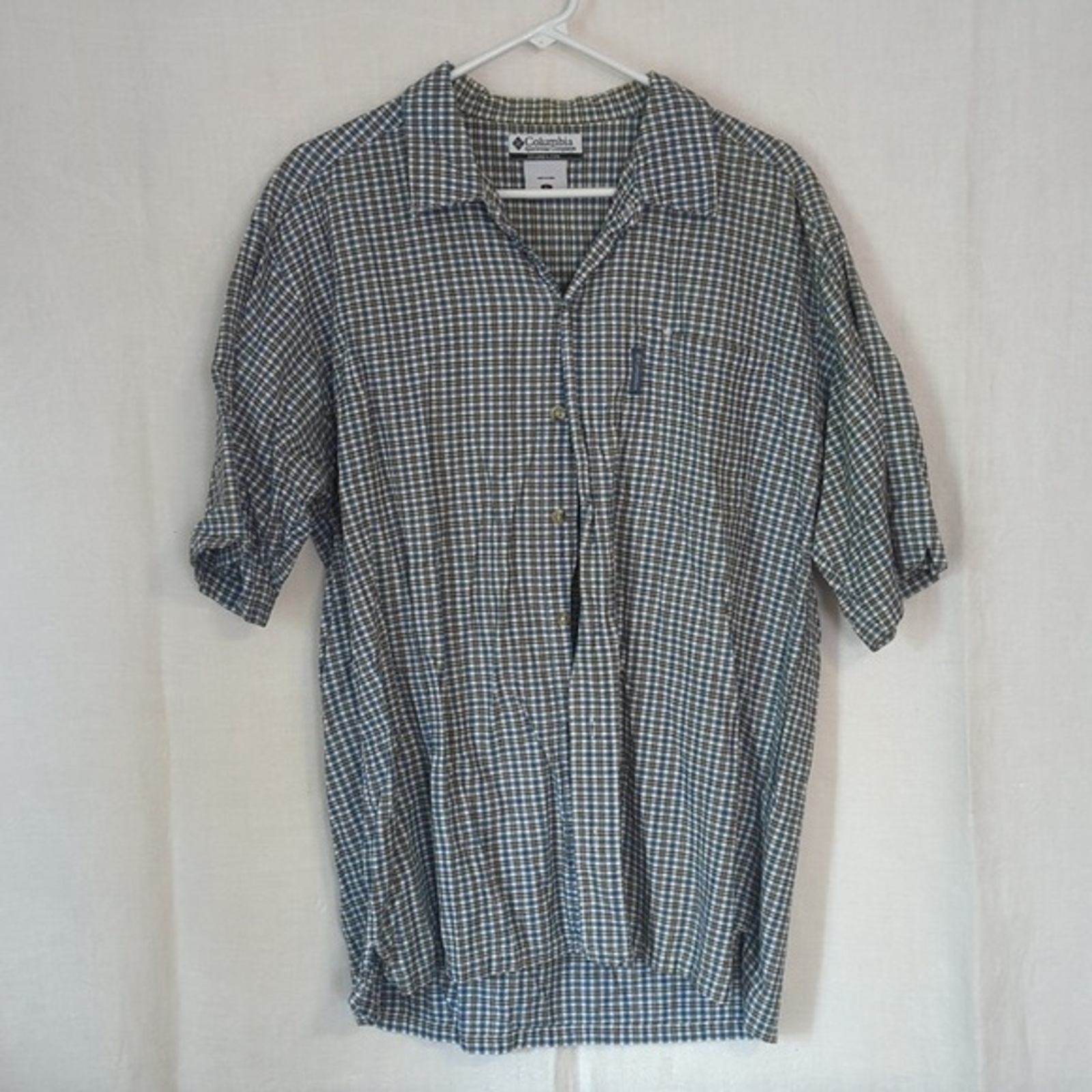 Columbia Sportswear Blue White Check Plaid Short Sleeve Cotton Button Down Large