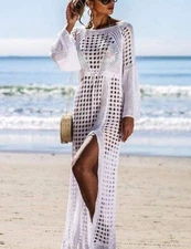 Women Mesh Cover Up Flared Sleeve O Neck Beach Bikini Summer Sundress Dress Suit