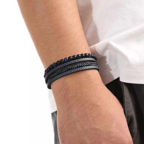 Men's Layered Braided Leather Beaded Bracelet Fashion Natural Tiger Eye Stone - Picture 6 of 15