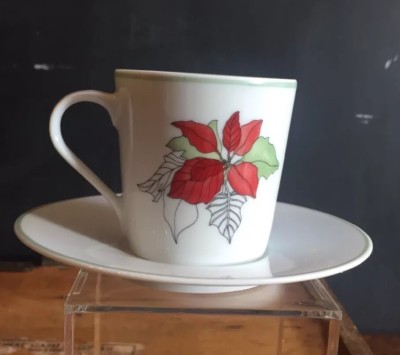 1982 Portugal Block Spal Watercolors Poinsettia Demitasse Cup & Saucer Set - EUC