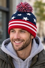 Patriotic Stars  Stripes Beanie Hat USA Flag Red White Blue Cuffed Knit Pom Pom