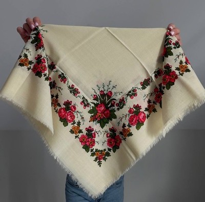 Vintage Floral Print Wool Scarf, Babushka Style (73cm)