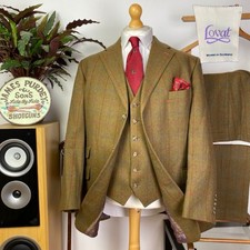 Men’s Handmade Bespoke Windowpane Check Tweed 3 Piece Suit (48R) Lovat Tweed