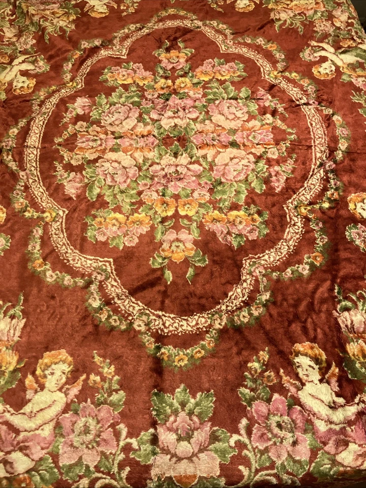 Large vintage velvet Tapestry bedspread Cherub And Flower velvet bed cover - Image 3 of 4