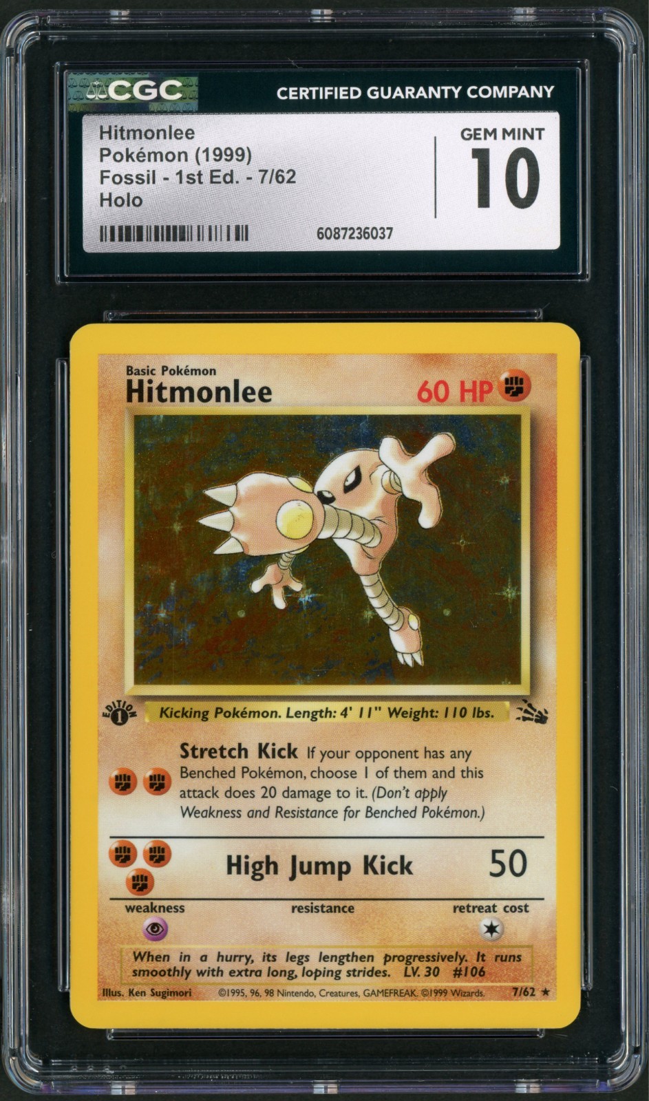 1999 Pokemon Fossil 1st Edition Hitmonlee Holo Rare 7/62 CGC Gem Mint 10