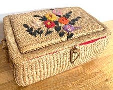 Vintage Woven Straw Sewing Basket / Box Floral Raffia Embroidery Red Lining