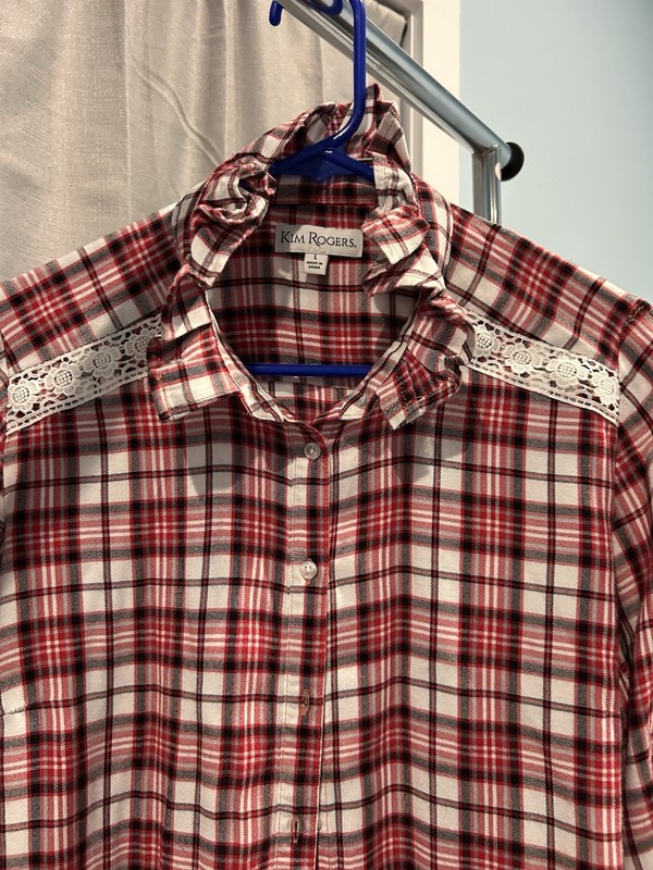 Women's Long sleeve red plaid Repurposed Ruffle Collar Custom Large With Lace