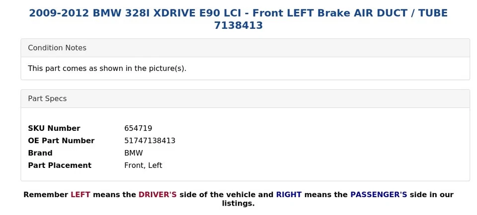 BMW 328I XDRIVE E90 LCI 2009-2012 - Freno delantero izquierdo conducto de aire/tubo 7138413 Foto 4 de 4