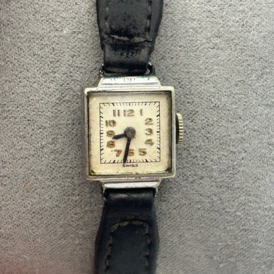 Vintage Swiss Women s Mechanical Watch Square Dial Black Leather  New Battery