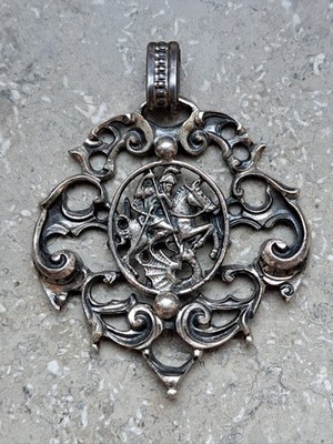 Antique 925 Sterling Silver Pendant St. George Slaying Dragon, 12.15g