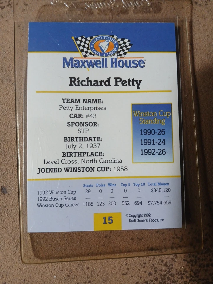 1992 Pro Set Racing Maxwell House RICHARD PETTY #25 - Image 2 of 2