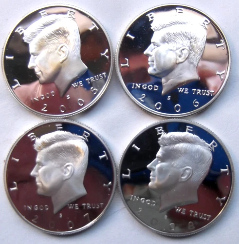 lot of 4 90% Silver proof Kennedy Half dollars 2005 2006 2007 2008 san francisco