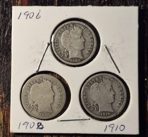 barber dimes lot of 3 circulated 90% silver 1906, 1908, 1910