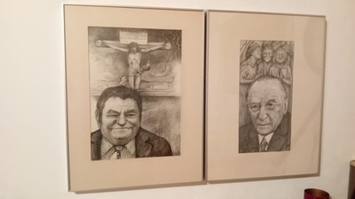 Bleistift Porträtzeichnung mit Franz Josef  Strauß und Konrad Adenauer