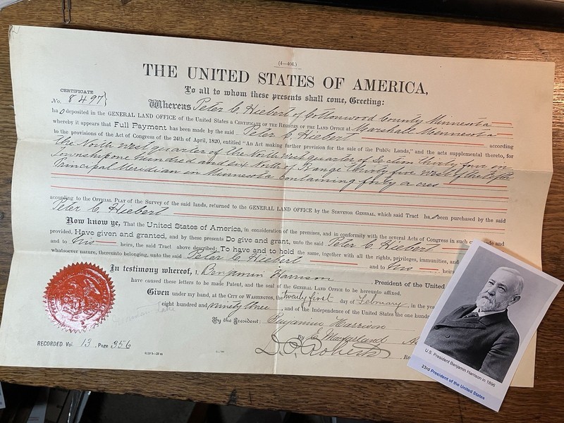 1893 - Minnesota LAND GRANT - Issued by our 23rd US PRESIDENT BENJAMIN HARRISON