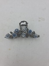 Blue Flower Floral Hair Clip Claw, Silver Tone Hair Accessory 12 cm